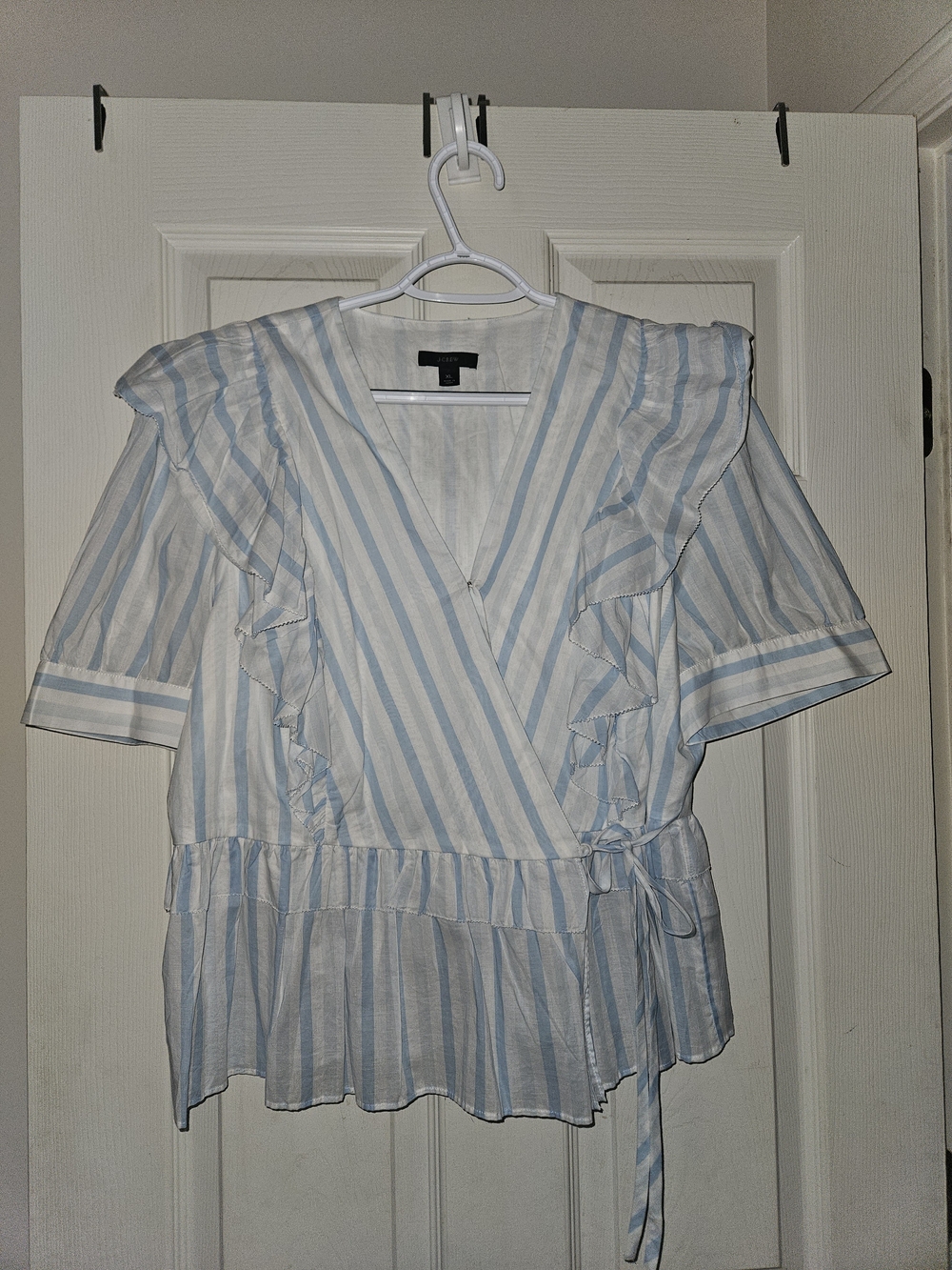 J. Crew Blue and White Striped Ruffle Wrap Blouse
